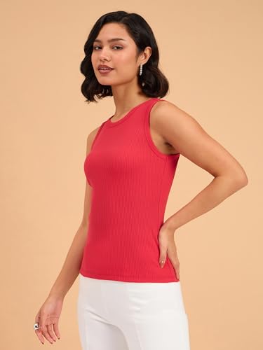 Image of barcino Beige Ribbed Round Neck Tank Top
