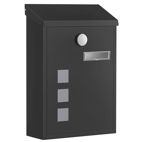 SONGMICS Post Box, Wall Mounted Letterbox, Mailbox with Sloped Roof, Copper Lock Cylinder, Swivel Cap, Viewing Windows, Nameplate, Easy to Install, 9 x 21.8 x 31.8 cm, Black GMB032BZ01