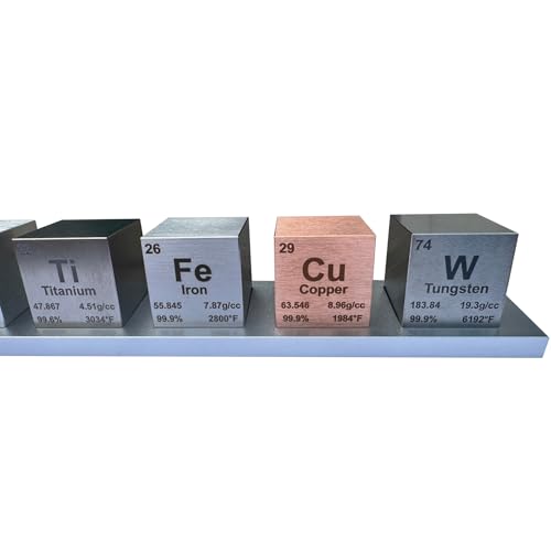 Image of 1 inch Element Cube Set - 7 Pure Metal Density Cubes with Engraved Atomic Data - Precision Machined Science Specimens + Display Stand - Periodic Table Gift