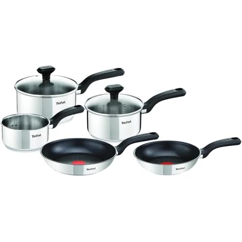 Tefal Comfort Max 5-Piece Stainless Steel Pots & Pan Set: Durable Cookware for Healthy Cooking, Induction Compatible, with Stay-Cool Ergonomic Handles. C972S544