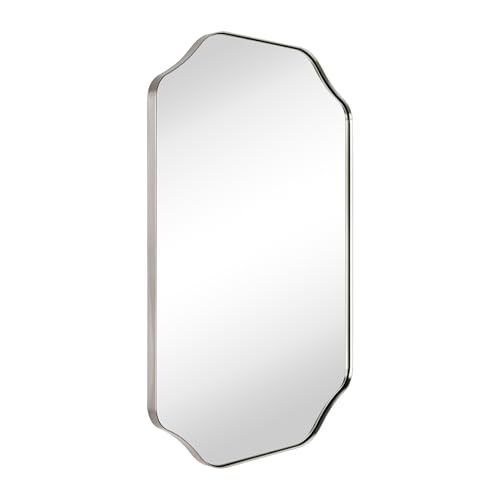 Image of TEHOME Brushed Nickel Scalloped Bathroom Vanity Mirror 20x30'' Decorative Silver Metal Framed Asymmetrical Bathroom Mirror