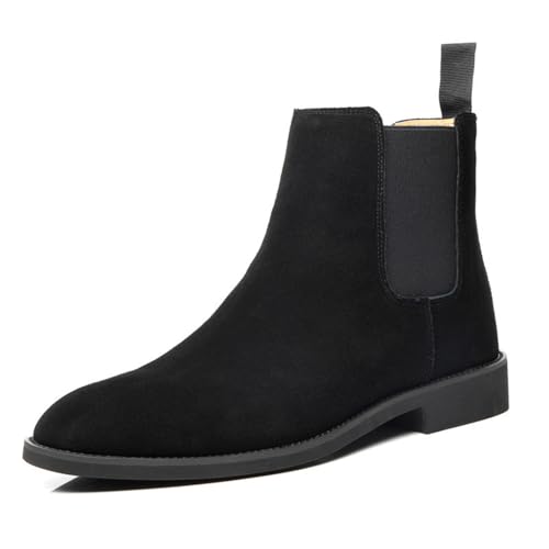 HESYSUAN Suede Chelsea Boots for Men, Men's Slip on Boots, Classic Comfort Solid Color Cowhide Dress Ankle Boot with Fleece Lining (Black,EU43)