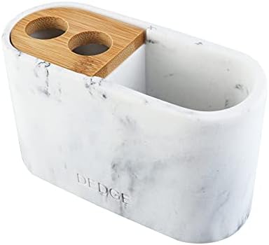 Dedge Toothbrush Holder Safety Razor Stand Bathroom Accessory Polyresin with Wooden Part White Marble Style