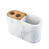 Dedge Toothbrush Holder Safety Razor Stand Bathroom Accessory Polyresin with Wooden Part White Marbl