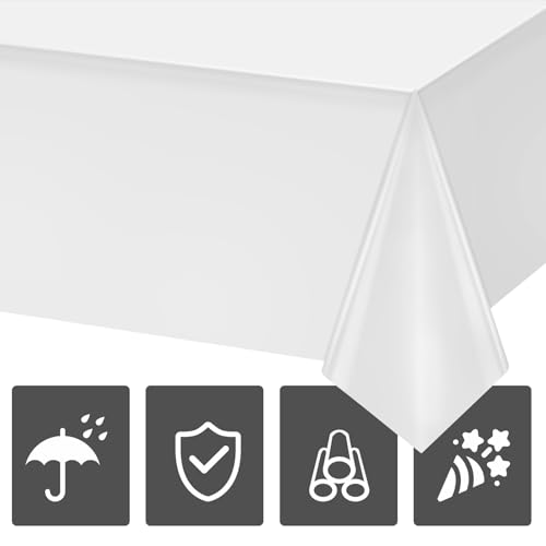 Image of Hxezoc White Disposable Plastic Tablecloth, 54 x 108 Inches Waterproof Table Cover for Wedding Birthday Party Baby Shower Decorations Outdoor Indoor Party Supplies