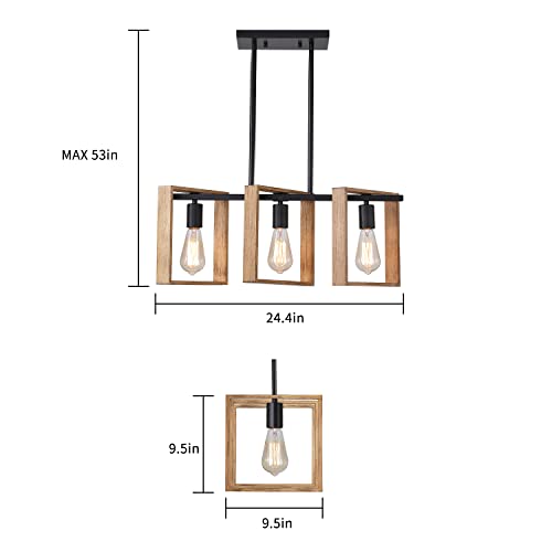 9Mmml 3 Lights Kitchen Island Lighting, Black 3 Lights Dining Room Chandelier,Wood Frame Pendant Light For Living Room Foyer Entryway Hallway,E26 #TOP2