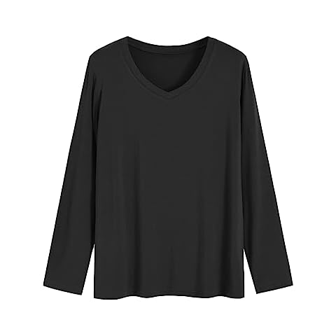 Latuza Women's Viscose Long Sleeve Sleep T-Shirt V Neck Pajama Top L Black Cover