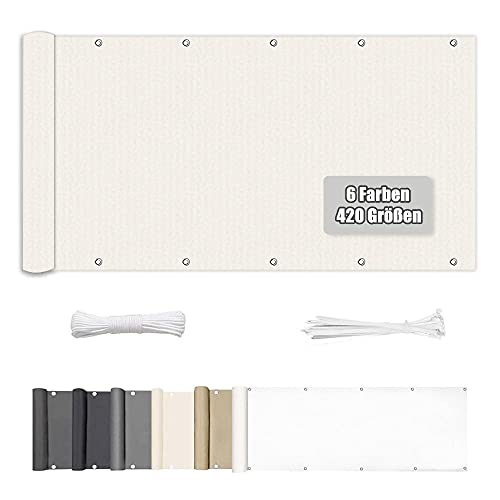 LSPYYDS Balkon Sichtschutz, 50 X 1100CM Blickdicht Balkonabdeckung Winddicht und UV-Schutz, Balkonumspannung mit Ösen (420 Größen & 6 Farben) für Balkongeländer Garten, Cremeweiß Cover