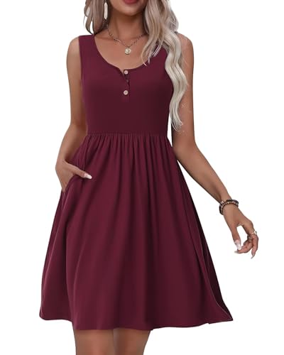 Tanmolo Kleid Damen Sommer Knielang Freizeitkleider Knopf Tank Kleid Mit Taschen Elastic Dress (Weinrot L)