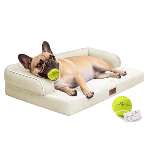 Image of Comfort Expression Washable Orthopedic Dog Bed for Large Sized Dogs | Waterproof Memory Foam Pet Bed 36x27 Inch with Removable Cover with Non-Slip & Bolster, Beige
