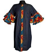 Ankara Denim Dress for Women, Handmade Authentic African Wax Print (Medium, Ruffle Tiered Sleeve,...