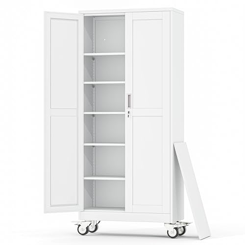 RISTERN Metal Garage Storage Cabinets and storage system, 75”Tall Rolling utility cabinet with Wheels, Lock, 5 Adjustable Shelves, Heavy Duty Steel Tool Locker for Home Office, Utility Room, Gym,White