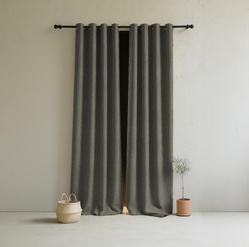Image of LINENWALAS 100% Blackout Curtains for Window (5 Feet) - Set of 2 Panels, Rich Linen Texture Complete Light Block Heavy Panels, Thermal Insulated & Noise Reducing Room Darkening Curtains (Olive Grey)
