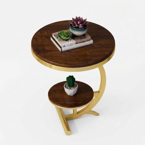 Image of NEST NATURE HAVEN Wood 2 Tier Round Coffee Table Nightstand Bedside Telephone Table with Storage, End Table Sofa Side Corner Table for Living Room Bedroom, Gold Brown