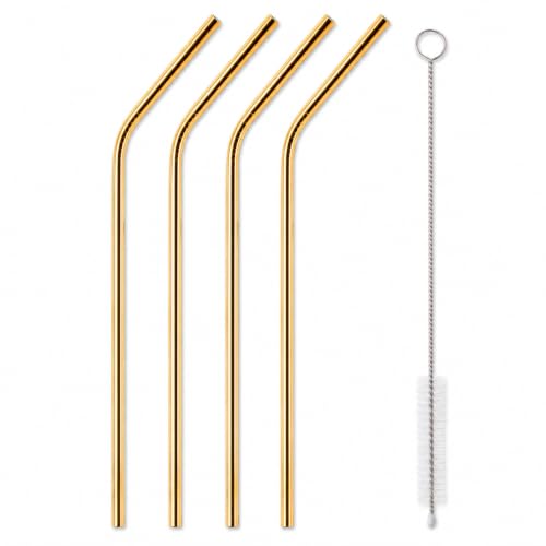 MIJOMA Set di 12 cannucce in acciaio inox, curve, 26 cm, con spazzola per la pulizia, riutilizzabili, per uso alimentare, oro o argento, ecologiche, in metallo (oro)