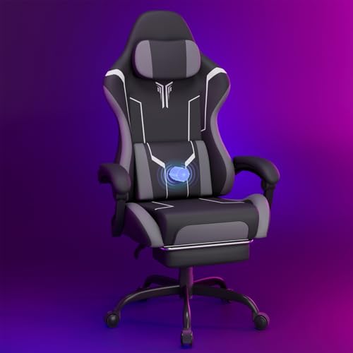 Soontrans Silla Gaming con Masaje Lumbar Silla Gamer con Reposapiés Retráctil y Cojín Sillas Gaming Respaldos Inclinables hasta 135 Grados Capacidad de Carga de 150 kg (Negro-Grey)