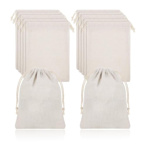 JYNVO 12 Bolsas Tela Lino Algodón, 15x20cm Bolsas de Tela con Cordón, Reutilizables para manualidades, bodas, Navidad, calendario de Adviento