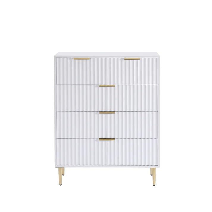 Image of Wooden Chest of Drawers | 5 Drawers Dresser Console Cabinet for Bedroom, Living Room, Drawing Room & Office | Sideboard Multipurpose Storage | HDMR Premium Wood & Iron (White & Golden)