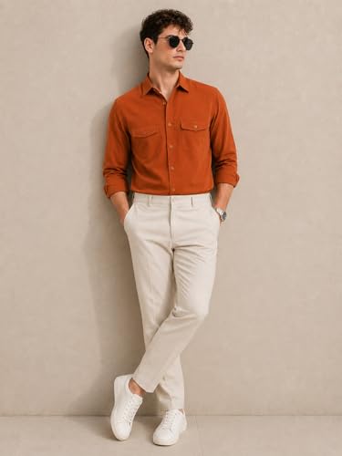 Image of Veirdo Men's Pure Cotton Utility Shirt | Full Sleeve Casual Button-Down with Dual Chest Pockets | Stylish & Comfortable Everyday Wear | Colors: Beige, Black, Maroon, Olive, Rust & White