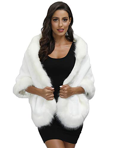Changuan Women's Faux Fur Shawl Wrap Cloak Coat Wedding Cape for Bridal Evening Party-White
