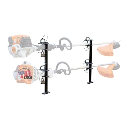 Image of Buyers Products LT18 2-Position Lockable Weed Wacker /Trimmer Rack for Landscape Trailers - Adjustable, Black Powder-Coated Steel, Holds 2 Weed Eaters, Rust-Resistant Lawn Edger Rack, Made in USA