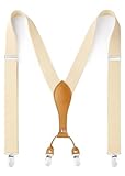 [HISDERN] サスペンダー メンズ Y型 革: 35mm ズボン吊り 吊りバンド 作業用 クリップ 錆びない 弾性ベルト 調節可能 ベージュ 無地
