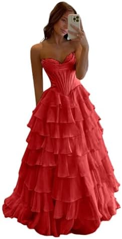 GATMAHE Tulle Floral Prom Dresses for Teens 2026 Tiererd Long Ball Gown Strapless Sweetheart Formal Evening Gowns with Slit