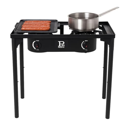 Intec – Hornillo de gas con 2 fuegos para barbacoa Grill 9 kW 2 en 1: 2 quemadores de hierro fundido + 1 placa parrilla hierro fundido, 3 alturas modulares Piezo