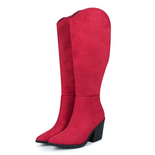 YDN Women Fashion Stacked Wedge Heel Knee High Boots Closed Pointed Toe Suede Winter High Heel Long Boots Trendy Pull On Dress Shoes With Zipper Size 4 Black | Knee-High-377608