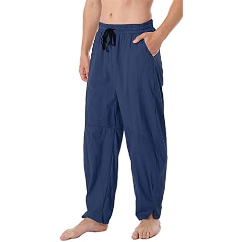PERDONTOO Men's Linen Cotton Loose Fit Casual Lightweight Elastic Waist Summer Pants - blue - Small Cover