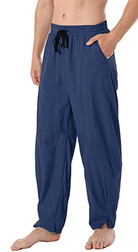 perdontoo Mens Linen Cotton Loose Fit Casual Lightweight Elastic Waist Summer Pants (3X-Large, Blue)