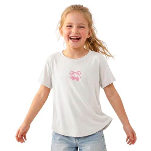 Image of WELAKEN Girls Soft T-Shirt with Curved Hem, Breathable Stretchy Rayon Crewneck Short Sleeve Tees, Kids Everyday Basic Top
