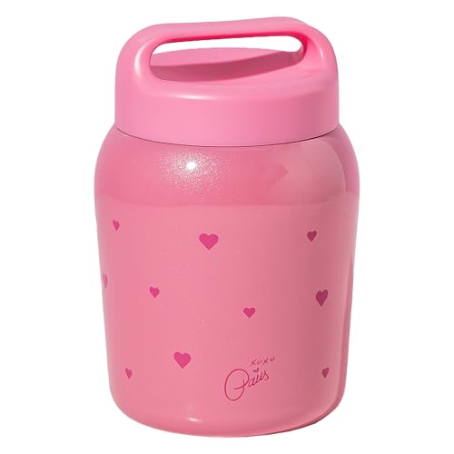 Paris Hilton Stainless Steel Food Jar, Double Wall Vacuum Sealed Insulated Food Storage Container with Carry Handle Lid, 24-Ounce, Pink with Heart Design