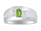  RYLOS Mens Rings Sterling Silver Classic Nugget 6X4MM Oval Gemstone & Genuine Sparkling Diamond Ring Peridot August Birthstone Rings For Men, Men\'s Rings, Silver Rings, Sizes 8,9,10,11,12,13