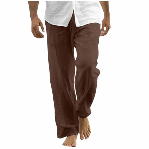 Cotton Linen Pants Men Casual Loose Fit Elastic Drawstring Waist Wide Leg Pant Lightweight Summer Beach Pants Pockets