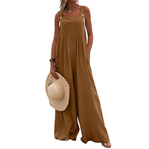 Image of Women Wide Leg Overalls Sleeveless Jumpsuits Casual Solid Color Adjustable Suspender Button Rompers with Pockets (Brown, XL)