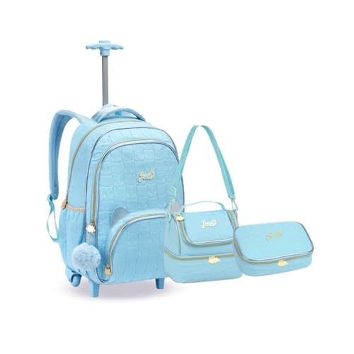 Kit Mochila Rodinha Orelha Gatinho Juvenil Escolar Meninas (AZUL)