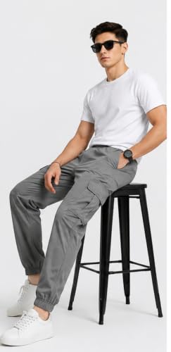 Image of Men's Jogger Cargo Pants | Stretchable Cotton Blend Utility Trousers | Regular Fit Multi Pocket Casual Bottom Wea