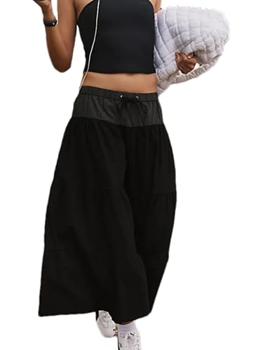 Zontroldy Women's Summer Tiered Wide Leg Flowy Boho Pants Drawstring Low Rise Palazzo Flared Cropped Trousers