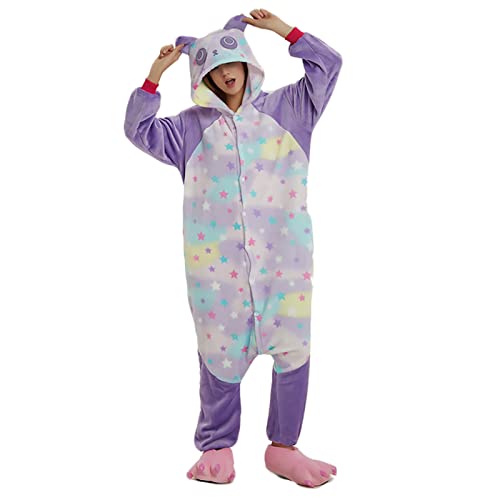 SLDAGe Pyjamas d'animaux De Dessin Animé pour Adultes, Costume De Cosplay De Dessin Animé Panda Imprimé Étoile Violette Combinaison De Vêtements De Nuit pour Femmes Et Hommes,Violet,XL Cover