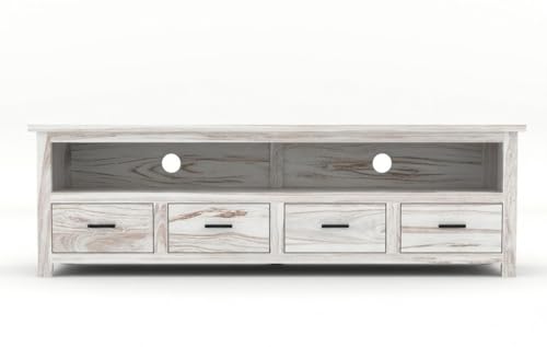 Image of Sheesham Solid Wood TV Cabinet for Living Room | Handcrafted Wooden TV Unit with Storage | Elegant Entertainment Stand for Modern Homes (4 Drawer Tv Cabinet, Rustic White)