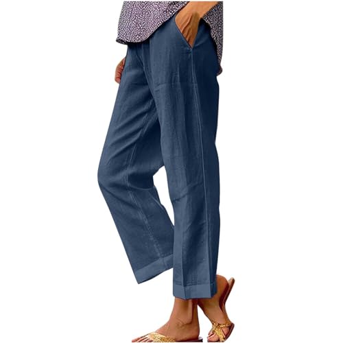 YRAETENM Cotton Linen Pants Women Elastic High Waisted Straight Leg Lounge Pants Casual Slacks Summer Trousers with Pockets