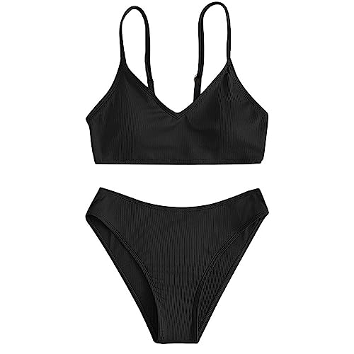 Kids Girls Swimsuit 2 Piece Solid Spaghetti Strap Bathing Suit V Neck Bikini Set Sports Beach Swimwear for Teen Girls