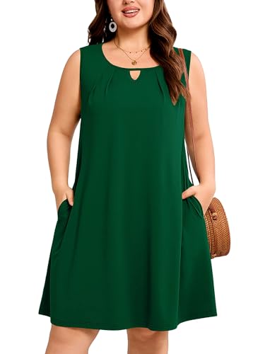 Image of AusLook Plus Size Summer Midi Dress for Women Sleeveless Casual A Line Swing Dress with Pockets Keyhole Neck Beach 1X-5X