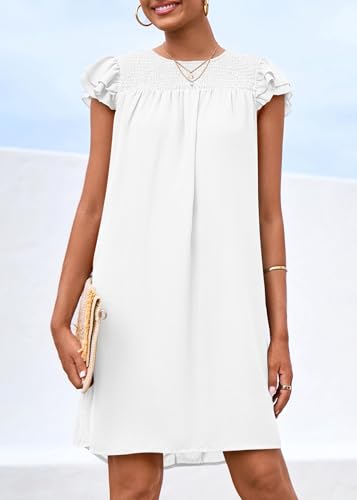 Image of KIRUNDO Wedding Guest Shift Dresses for Women Short Spring Summer Ruffle Cap Sleeve Chiffon Babydoll Flowy Mini Sundress(White, Large)