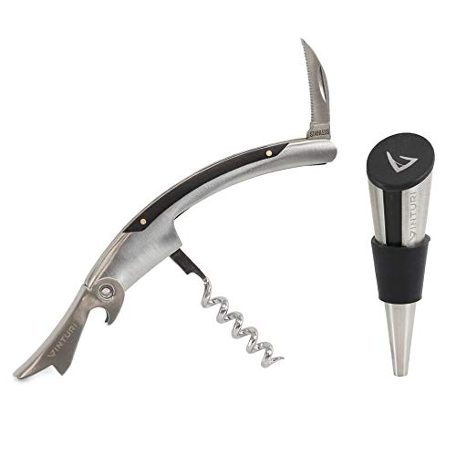 Vinturi Stainless Steel Waiters Corkscrew With Foil Cutter And Bottle Stopper Bar Set, Silver #TOP3