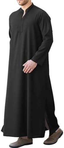LVCBL Kaftan Men’s Henley Thobe for Men Button up Cotton and Linen Robe Men’s with Pocket Side Split Caftan Men