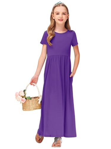 Image of Deerose Girls Maxi Dress Short Sleeve Casual Long Dresses with Pockets 5-14 Years