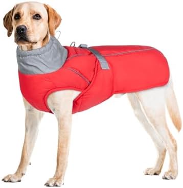NACOCO Warm Dog Winter Coat - Padded Fleece Dog Jacket with Harness Built in Windproof Vest Reflective Stripe Adjustable Clothes Snow Cold Weather Outfit for Small Medium Large Dog (Red, XL)