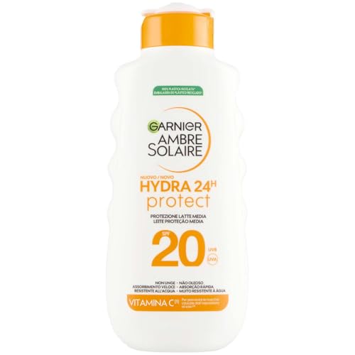 Garnier Ambre Solaire Hydra 24H Protect Latte SPF20 175ml - Non grasso - Resistente all'acqua - Vitamina E - Approvato da Cruelty-Free International